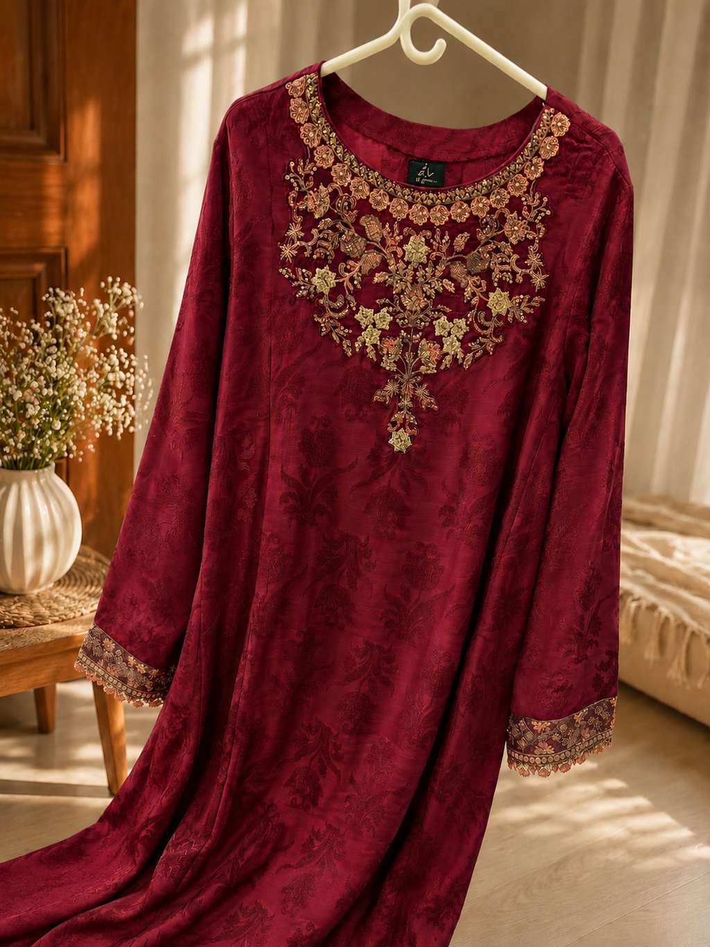 Maroon Jacquard Embroidered A-Line