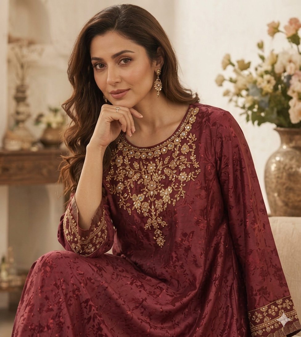 Maroon Jacquard Embroidered A-Line