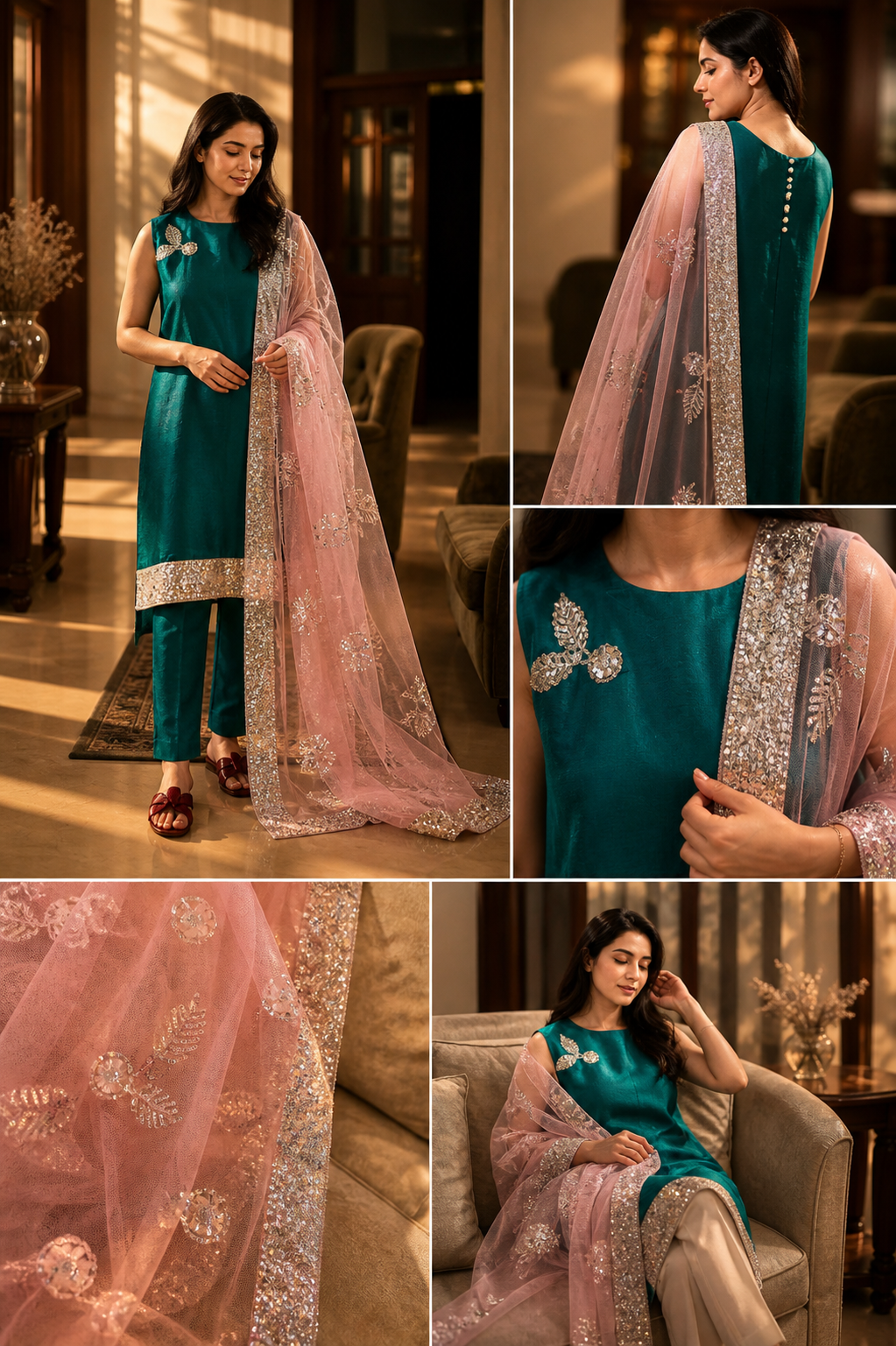 Teal Hand-Embroidered Three-Piece Suit