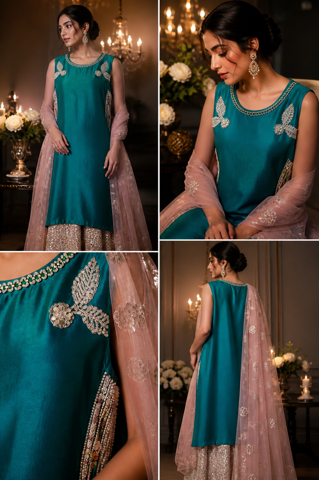 Teal Hand-Embroidered Three-Piece Suit