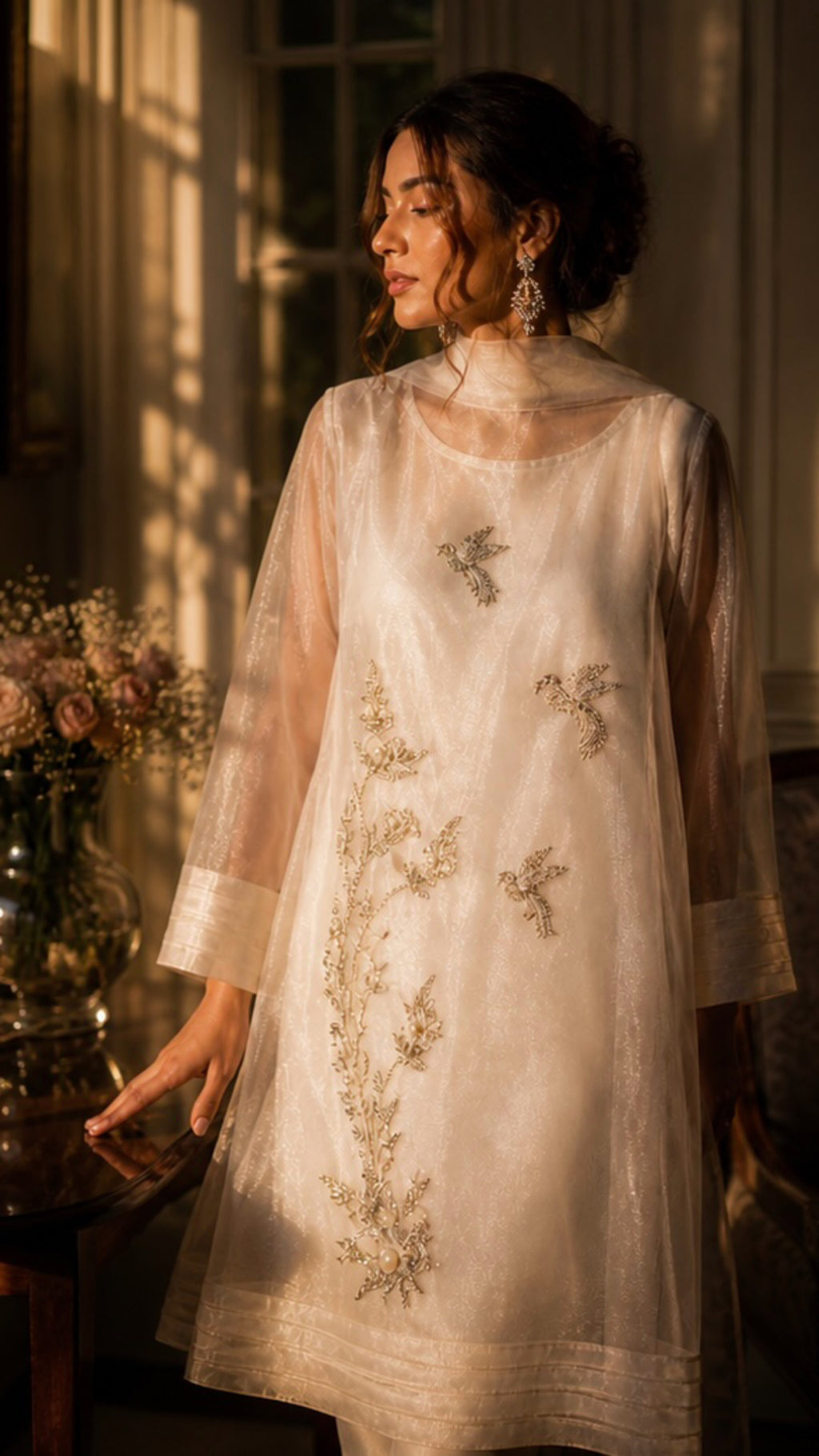 Ivory Organza Pearl Bird Shirt